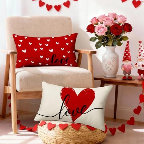 Valentines Day Decorations-Valentine Pillow Covers 12x20 Set of 4, Red Hearts I Love You Happy Valentine's Day Throw Outdoor Pillow Covers Anniversary Wedding Cushion Case for Home Sofa Couch Decor