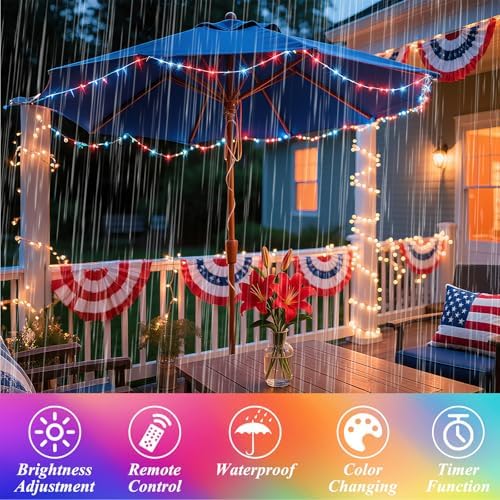 Lovelite Fairy Lights Battery Operated USB Plug in, 34 Colors Changing 33ft 100LED Patriotic String Lights with Remote, Waterproof Twinkle Lights for Bedroom Indoor Outdoor 4th of July Party Decor