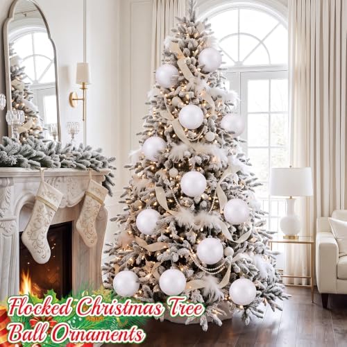 Zubebe 6 Inch 12 Pack Glitter White Christmas Ball Ornaments, Plastic Hanging Ornaments for Tree Decorations, Large Hanging Holiday Baubles for Christmas Tree Winter Party Wedding Home Decor