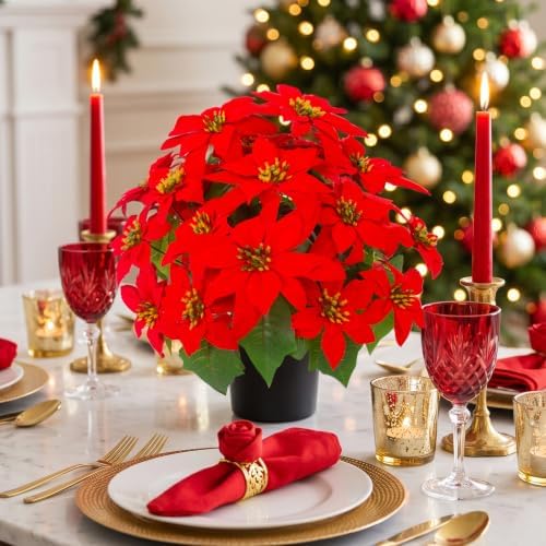 Daynight 2Pcs Artificial Poinsettias with Pots Christmas Flowers, 17.7"