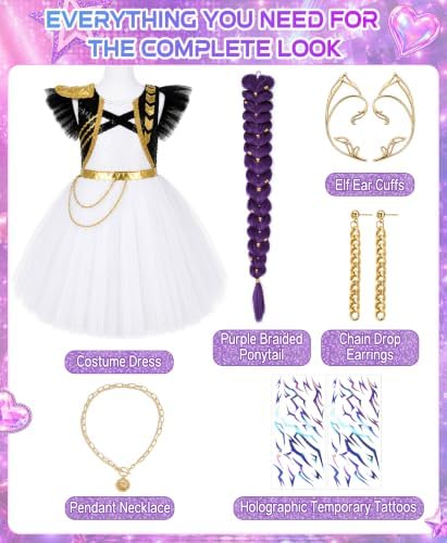 Halloween Costume Girls Pop Singer Costume Kids Cosplay Outfit Dress with Purple Braid Tattoo for Birthday Party