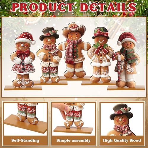 RattanView 5 Pcs Christmas Gingerbread Tabletop Decorations Wooden Christmas Centerpiece Table Decor Holiday Sequins Village Standing Sign with Base for Xmas Home Mantel Shelf(Gingerbread Man)