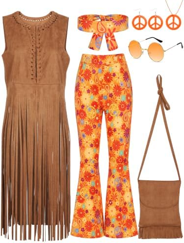 SOMSOC 7 Pieces 60s 70s Women Hippie Costume Fringe Vest Bag Pant Headband for Disco