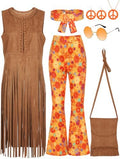 SOMSOC 7 Pieces 60s 70s Women Hippie Costume Fringe Vest Bag Pant Headband for Disco