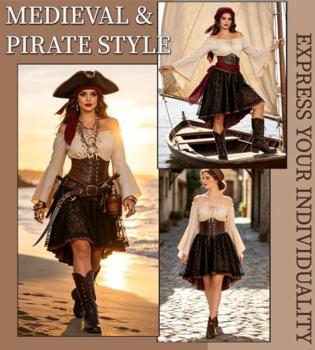 Verceco Pirate Costume Women Outfit with Renaissance Pirate Shirt Skirt Corset Waist Belt Womens Halloween Pirate Costumes (Beige+Coffe Black, S)