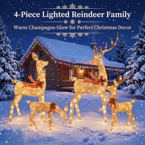 5.7FT Christmas Reindeer Family Set, 4Pcs 3D Christmas Decorations Outdoor Deer with 255 LEDs Outdoor Yard Decoration, Stakes, Zip Ties - Gold
