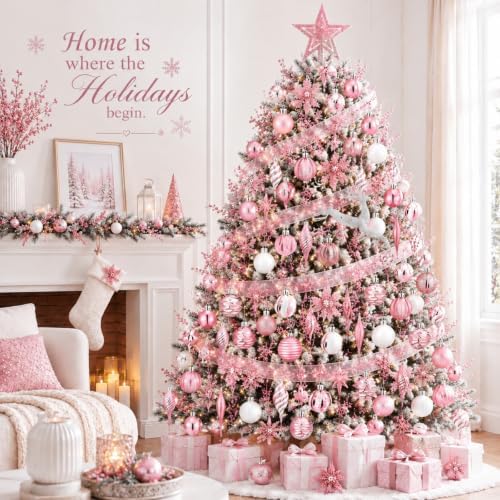 CroBlissful 118 Pcs Christmas Tree Ornaments Set Including Ornaments Balls, Mesh Ribbon,Hanging Snowflakes Icicle, Tree Top Star, Flower, Berries Stems for Xmas Trees Holiday Decor(Pink)