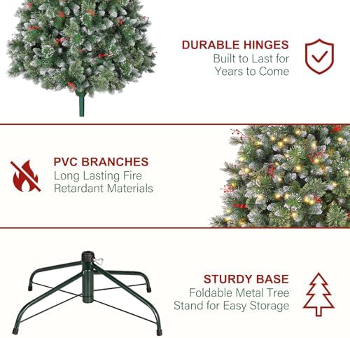 Hykolity 6 ft Prelit Christmas Tree with Pine Needle and Red Berries