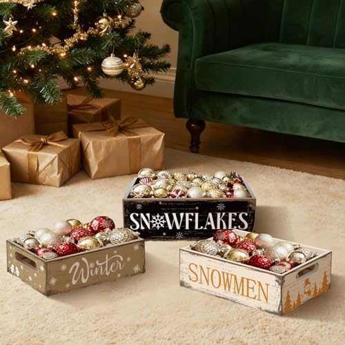 3 Pcs Christmas Wooden Crate Beige Snowman Snowflakes Holiday Box