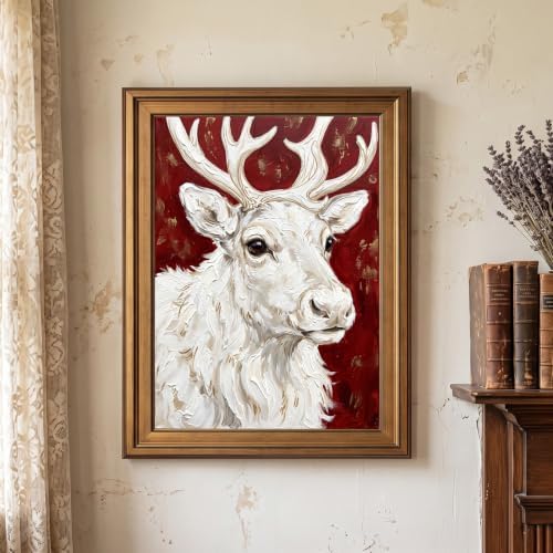 Framed Canvas Wall Art Painterly Reindeer Portrait Red and White with Gold Highlights Canvas Print Poster Gold Frame Wall Decor for Living Room Bedroom Holiday Decor, Winter Art - Inch 8x10