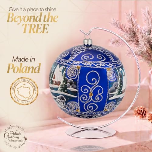 Hand Blown Glass Christmas Ornaments Ball, Countryside Sapphire 8in + Stand