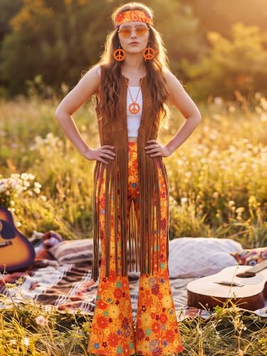 SOMSOC 7 Pieces 60s 70s Women Hippie Costume Fringe Vest Bag Pant Headband for Disco