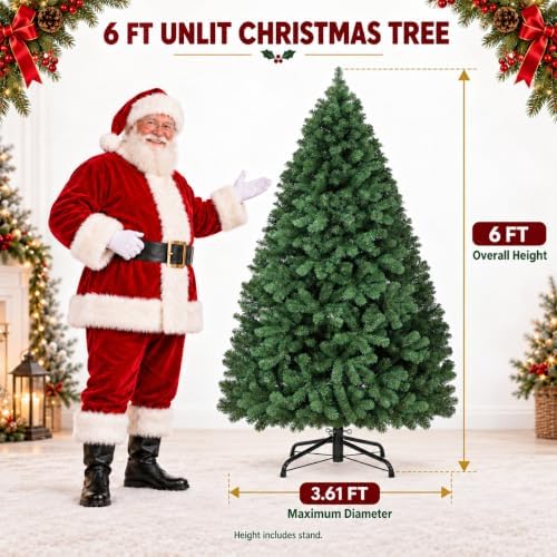 6ft Artificial Christmas Tree, Realistic Full Unlit Holiday Décor