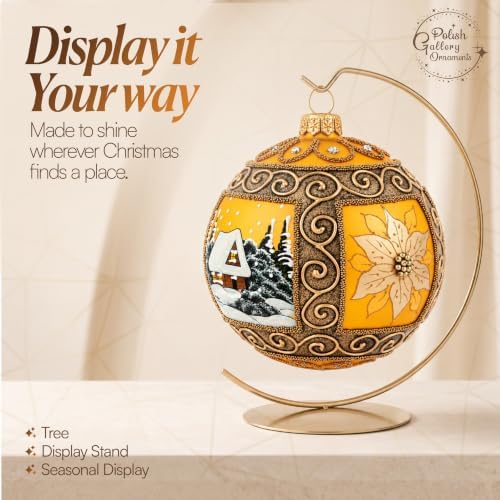 Polish Hand Blown Glass Christmas Ornaments Ball, Winter Charm Gold 5 in