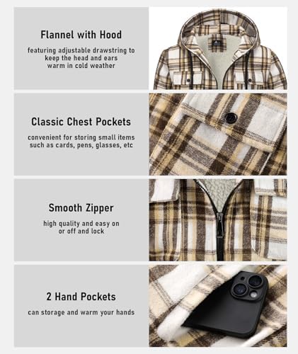 GEEK LIGHTING Men's Flannel Shirts Jacket Sherpa Lined Plaid Zipper Hoodie