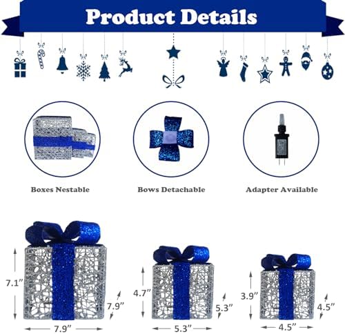 Lighted Gift Boxes Set of 3, Silver Boxes with Bow, Prelit 60 White Lights Present Box Lighted Display with Plug for Home Porch Outdoor Yard Christmas Decorations-Blue