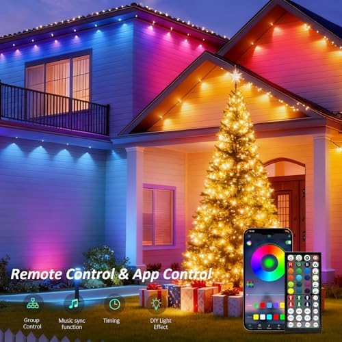 RGB Permanent Outdoor Lights, 500FT LED Eaves Lights with Smart App Remote Control, IP67 Waterproof, Music Sync, Timing Function for Christmas, Party, All Holiday Decorations