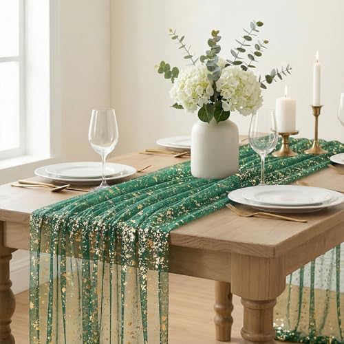 Artoid Mode Green Gold Gauze Table Runner 59x120 Inch 10FT, Glitter Metallic Foil Sheer Dining Wedding Anniversary Holiday Table Decor for Home Party