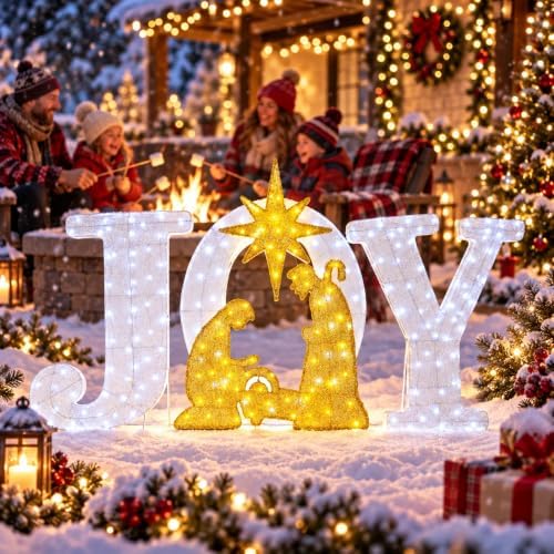 Christmas Lighted Joy Sign Decoration with Timer&Remote Control(White/Gold)