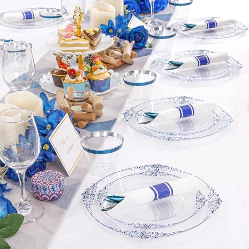 Hioasis 350pcs Clear Blue Plastic Plates 10.25"