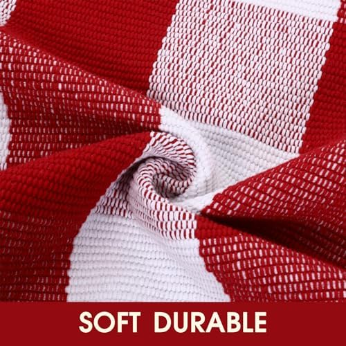 Christmas Red and White Plaid Rug, 4' x 6' Cotton Hand-Woven Layered Door Mat for Front Porch, Entryway, Outdoor Holiday Decor, Washable Buffalo Check Rug for Home, Patio, Kitchen