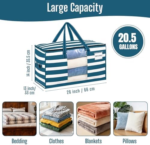 VENO Moving Bags, Wide Open Top, Clear Window, Classic Navy Stripe, 10 Pack