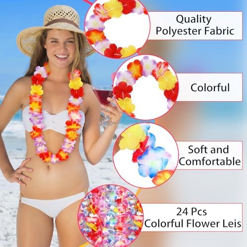 JUNEBRUSHS 24 Pack Hawaiian Leis for Luau Party Colorful Flower Necklaces Wreath Garland for Tropical Party Decorations Graduation Summer Beach Wedding Birthday