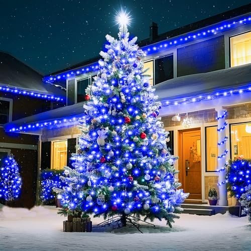 KNONEW 197FT 500 LED Christmas Lights Outdoor String Lights 8 Modes & Memory Fairy Light Plug in Waterproof LED String Lights for Xmas Yard Tree Wedding Party Holiday Decorations (Blue)