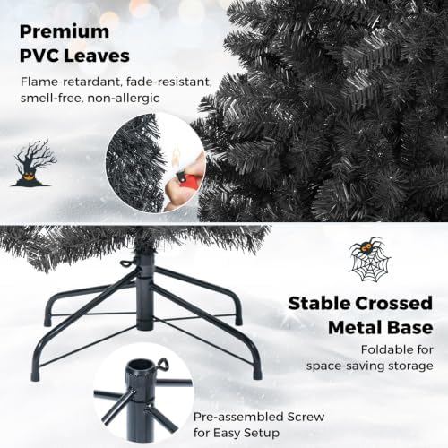 Happygrill 6FT Artificial Christmas Tree with Sturdy Metal Stand, Unlit Halloween Tree with 1036 Branch Tips PVC Needles, Black