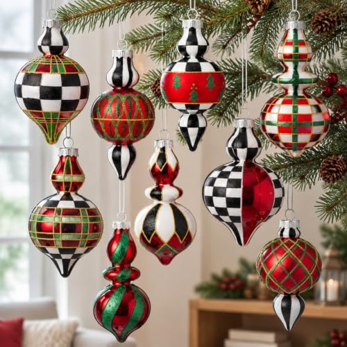 Yinder 10 Pcs Retro Christmas Glass Ornament Red Green Black White Tartan