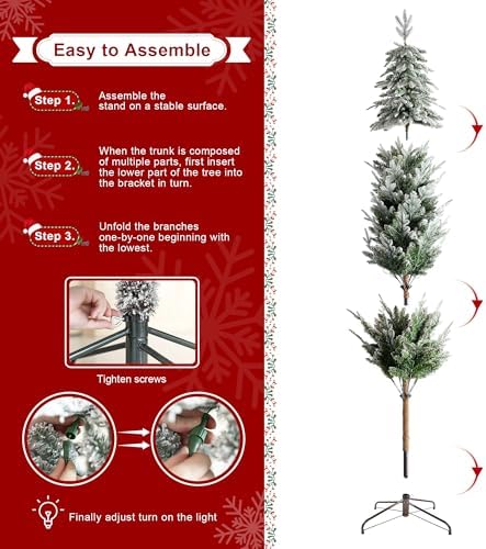 Glitzhome 7.5ft Prelit Christmas Tree, Artificial Christmas Tree with 350 Warm White Lights, Flocked Pencil Christmas Trees Chicago Frostwood Spruce with 1,211 PE&PVC Branch Tips,Sturdy Metal Stand