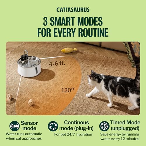 Cattasaurus Wireless 304 Stainless Steel Cat Water Fountain with Filtration, Automatic Water Dispenser for Cats, 135oz Large Capacity, Dishwasher Safe (White, Fountain + 14 Filters (3-Month Supply))