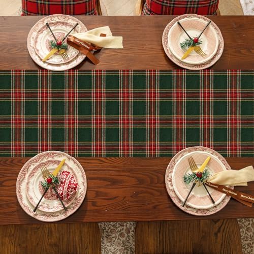 Softalker Christmas Checkered Tartan Table Runner, Green, 13 x 70 Inch