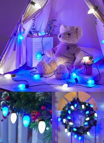 C9 Christmas Lights Outdoor, 100Ft 50 LED Blue & Pure White String Lights