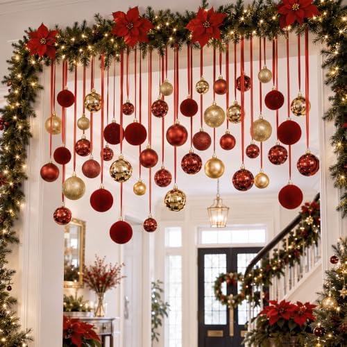 Halloscume 78 Pcs Christmas Ball Ornaments Ceiling Hanging Decor, Gold Red
