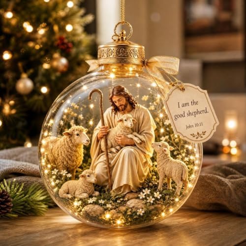 Illuminated Scripture Keepsake Ornament, Lighted Hanging Decoration with Bible Verse, Religious Themed Holiday Ornament, Transparant Ball with 2D Flat Sheet for Christmas Tree Home Display，E