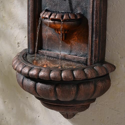 Teamson Home 32.1 in. Wall-Mounted Lion Head Stone LED Outdoor Water Fountain for Gardens, Landscaping, Patios, Balconies, Lawns to Create a Calming Oasis in Outdoor Living Spaces, Antique Bronze