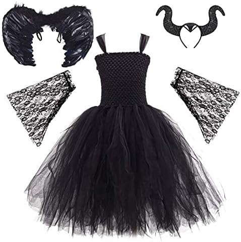 OBEEII Kids Girls Witch Costume Handmade Knitted Tulle Dress Evil Queen Dress Up Costume for Halloween Carnival Cosplay