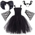 OBEEII Kids Girls Witch Costume Handmade Knitted Tulle Dress Evil Queen Dress Up Costume for Halloween Carnival Cosplay