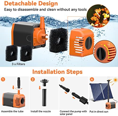 POPOSOAP Solar Fountain Pump 35 Watt, 480GPH Solar Water Pond Pump with PVC Tubing 4 Spray Heads 16.5ft Cable Length for Garden Pond Fountain Waterfall Hydroponics Pool