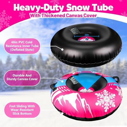 ZMLM Snow Tubes for Sledding Heavy Duty - 48'' Inflatable Snow Tube with Premium Canvas Cover for Kids Adults,Towable Snow Sled Thickened Bottom Winter Gift Outdoor Fun Toys for Boys Girls