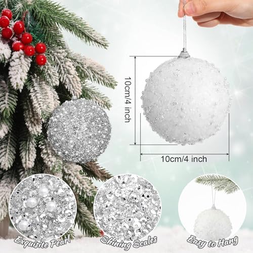 Lyrow 24 Pcs 4" Christmas Ball, White,Silver