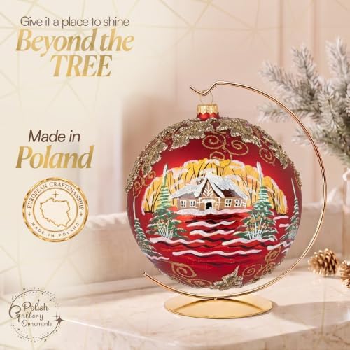 Hand Blown Glass Christmas Ornaments Ball, Gilded Mistletoe Red 8in + Stand