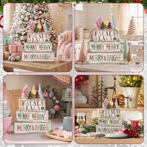 Moucuny 4 Pcs Christmas Table Decorations, Wooden Pastel Christmas Tree