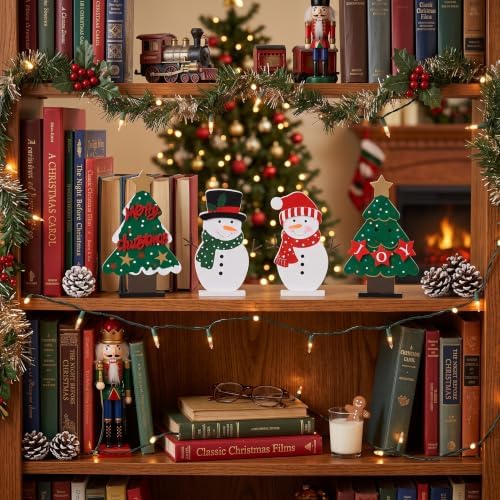 DECSPAS Christmas Decorations Indoor, 4 PCS Wood Christmas Trees & Snowmen for Centerpiece Table Decorations, Wooden Tiered Tray for Xmas Decor, Home, Winter, Tabletop, Mantel, Shelf, Gifts