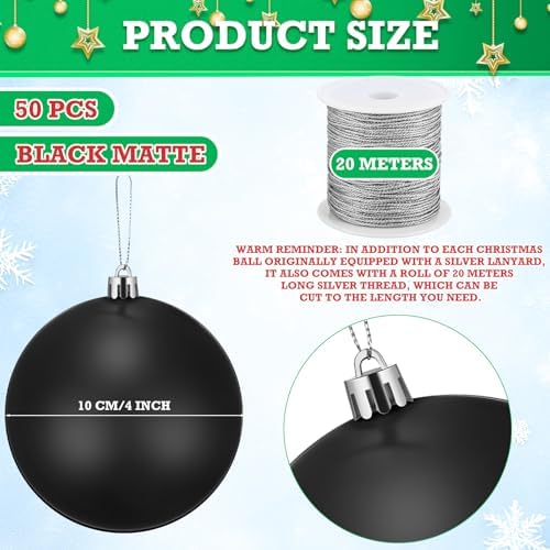 Wettarn 50 Pcs 4 Inch Christmas Ball Ornaments with Lid Rope, Black