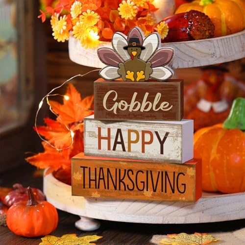 Lineshading 4 Pcs Thanksgiving Table Decoration, Turkey Wooden Block Signs