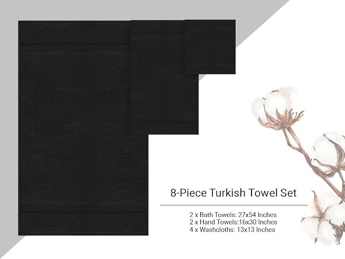 Towel Bazaar 8-Piece Towel Set, 100% Premium Cotton Turkish Towels,Luxury Towel Super Soft and Absorbent, Perfect Use for Bathroom, Shower Towels - Black