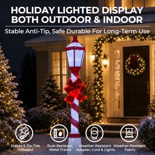 60Inch Outdoor Christmas Decorations Outdoor Lighted Lamp Post 3D Lamppost LED Lighted Display with 128 LED Lights&Bow, Holiday Decorations for Yard, Porch, Patio (2-Pack)