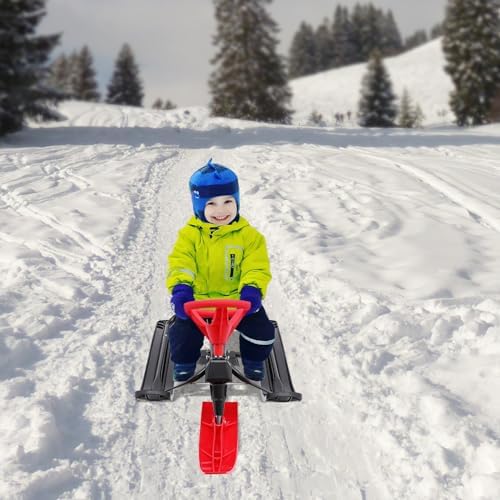 Red Snow Racer Sled, Steerable Ski Slider Ski Sled Slider Board Snow Sled Ice Skating Equipment with Twin Serrated Brakes, 220lbs Load Capacity for Adults Children